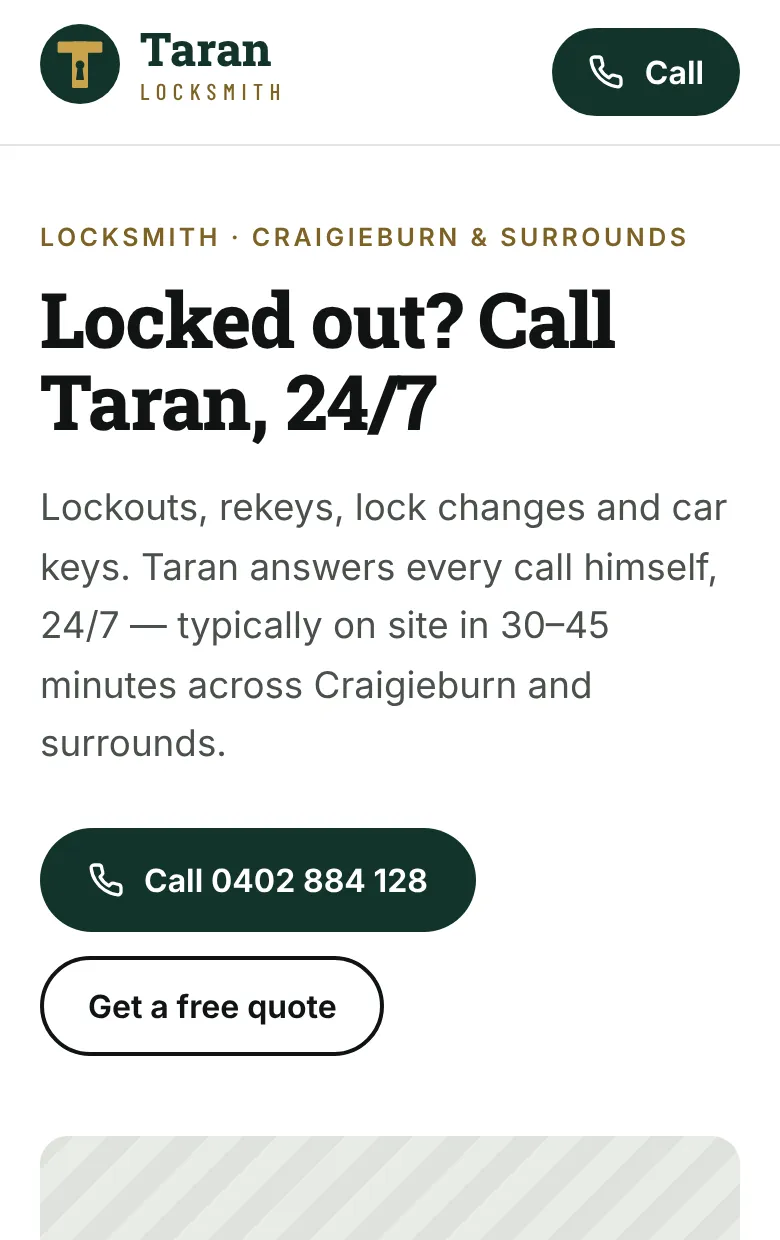 Taran Locksmith website on a phone